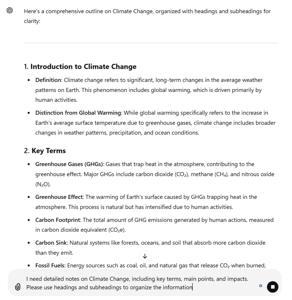 ChatGPT interface example where user requests more details on Climate Change notes refinement