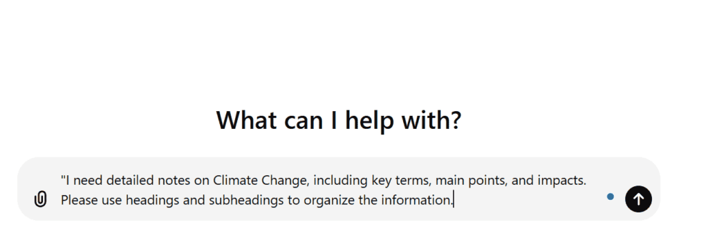 ChatGPT interface displaying a prompt to summarize the main points of Climate Change for effective note-taking