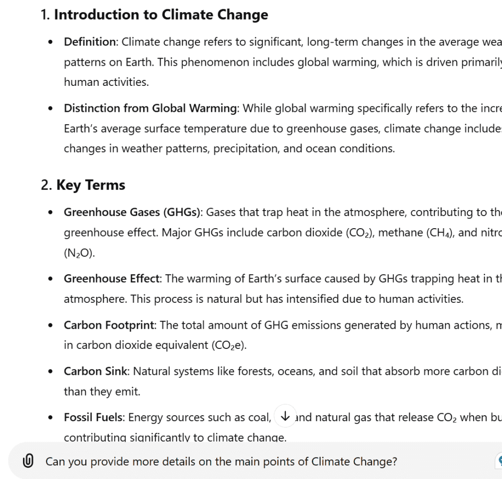 ChatGPT interface used for refining notes with a prompt asking for more details on Climate Change