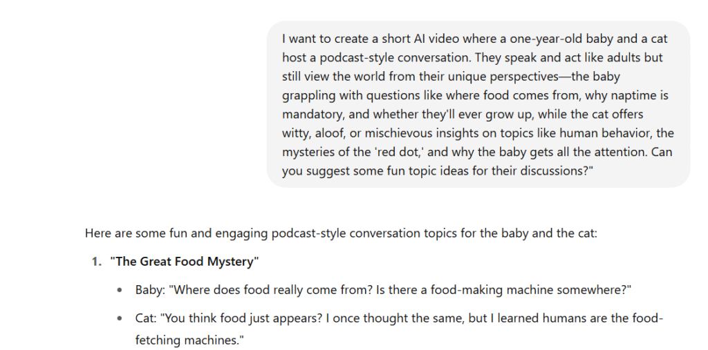 Create script for the baby podcast ai video using chatgpt