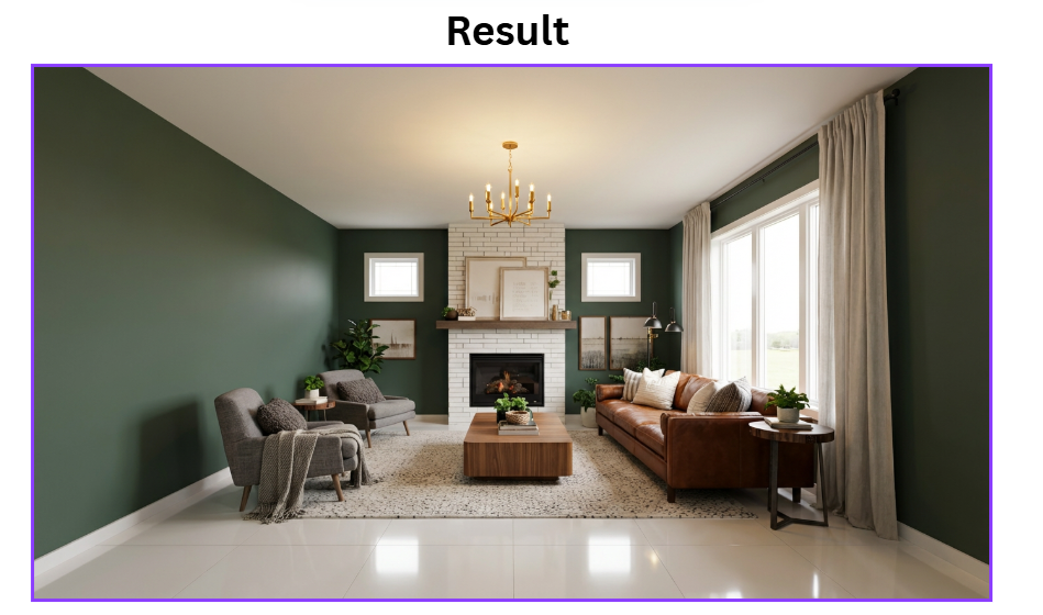 Nano Banana Pro structure reference example transforming an empty room into a fully furnished modern living room using style image