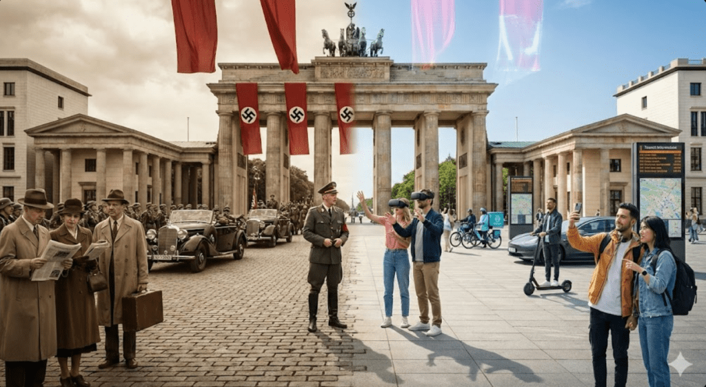 Cinematic time-split city scene created with Nano Banana Pro showing past and present eras blending together in a single frame with realistic lighting and historical contrast.