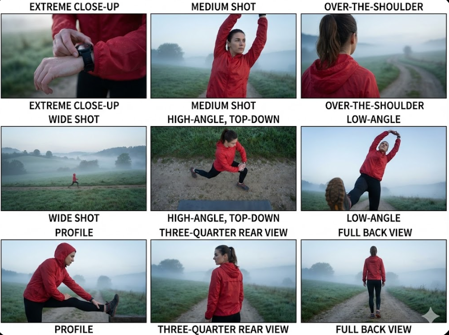 Cinematic multi-angle reference grid generated with Nano Banana Pro featuring a runner stretching on a foggy countryside trail at dawn.