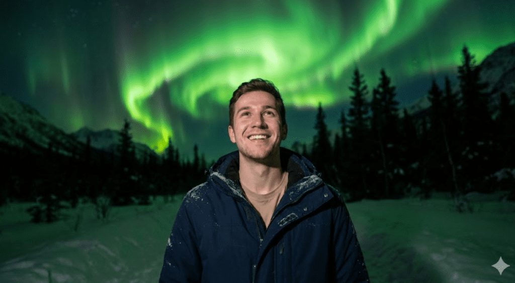 Realistic northern lights portrait created with Nano Banana Pro showing a person standing on snowy ground under glowing green aurora lights.