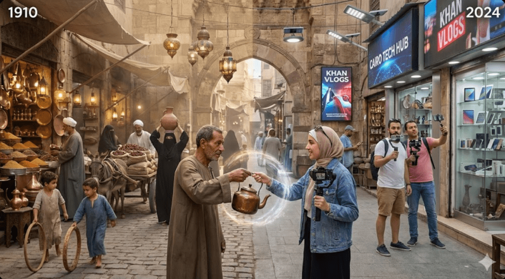 Cinematic time-split cairo city scene created with Nano Banana Pro Prompt showing past and present eras blending together in a single frame with realistic lighting and historical contrast.