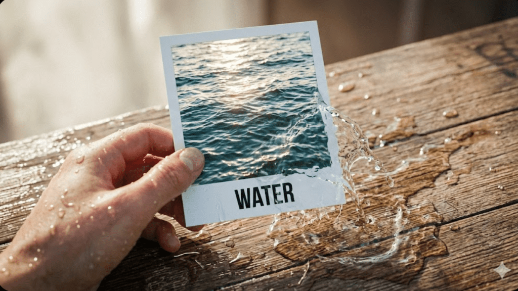 Surreal photo illusion made with Nano Banana Pro where ocean water flows out of a polaroid photo into the real world with cinematic realism.