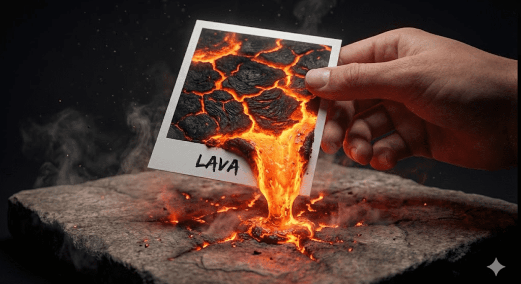 Hyper-realistic lava photo illusion generated using Nano Banana Pro showing molten lava spilling out of a photograph onto a stone surface.