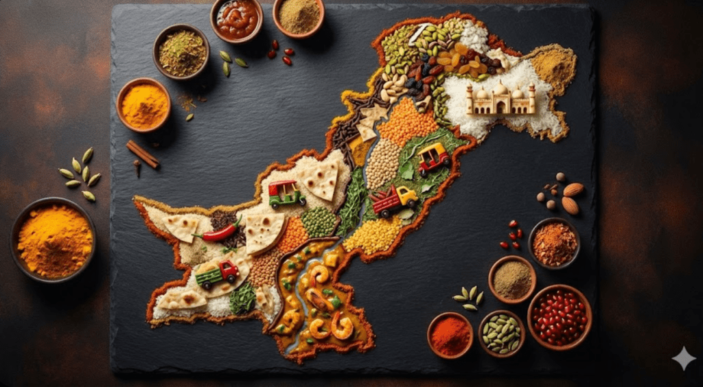 Creative food map art of Pakistan made with Nano Banana Pro using traditional dishes and ingredients arranged as a top-down gourmet composition