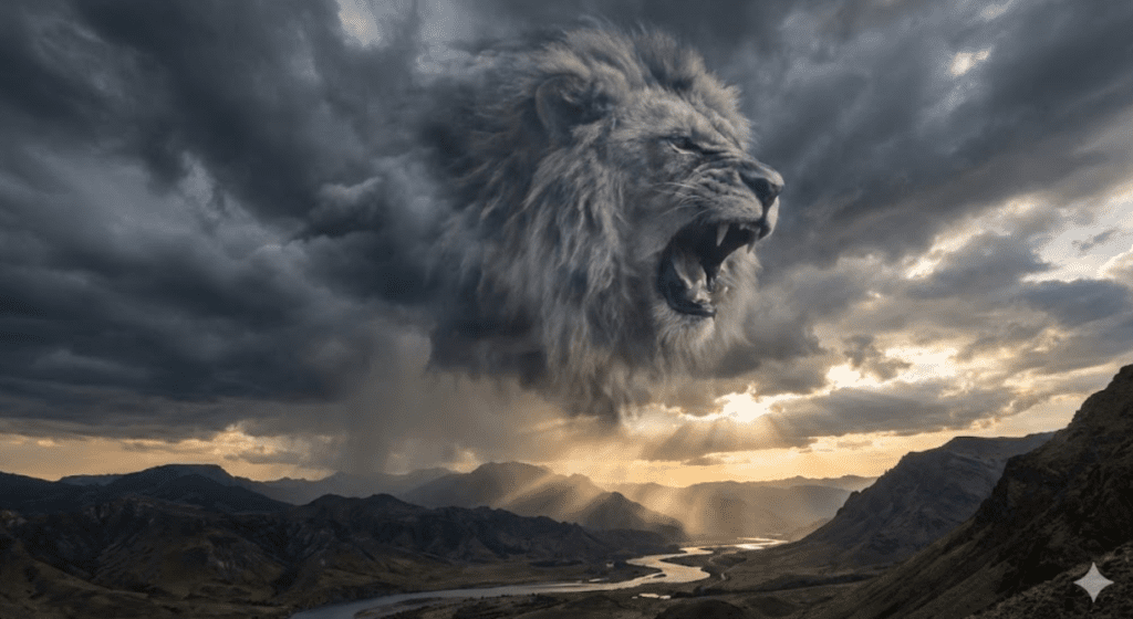 Photorealistic storm cloud illusion shaped like a roaring lion generated with Nano Banana Pro Prompt using natural cloud formations and cinematic lighting.