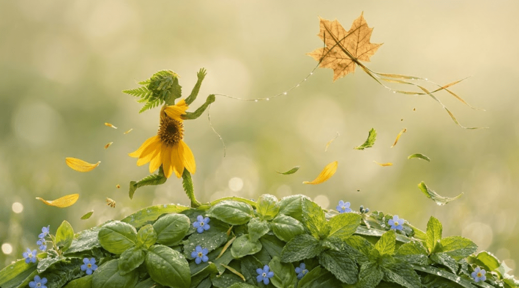 Botanical collage artwork created with Nano Banana Pro depicting a child flying a kite made entirely from leaves, petals, and plant textures.